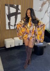 Print Long Sleeve Ruffles Two Piece Shorts Set MDF-L5553