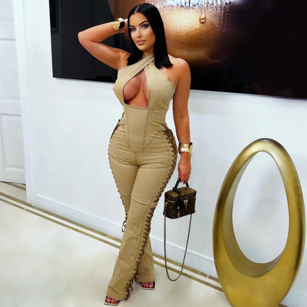 Gross Halterneck Denim Bandage Jumpsuit YRST-T182