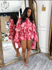 Print Long Sleeve Ruffles Two Piece Shorts Set MDF-L5553