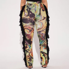 Colorful Print Tassel Fur Patchwork Pants MXBF-J25PT288
