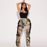 Colorful Print Tassel Fur Patchwork Pants MXBF-J25PT288