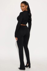 Long Sleeve Solid Crop Tops And Pants Suit GXIY-K25L1198