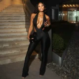 Deep V Neck Tie Up Halterneck Jumpsuit MXBF-J25JP251