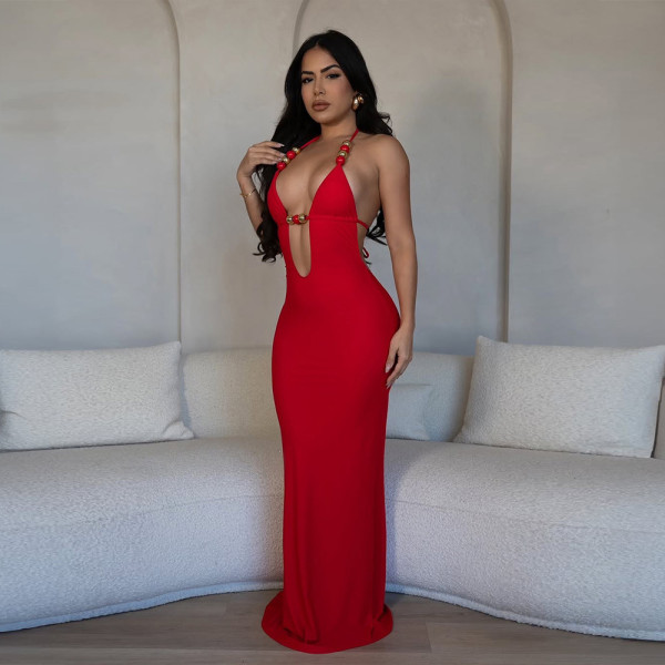 Deep V Neck Backless Tie Up Maxi Dress GZIY-6106