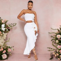 Solid Color Wrap Chest Tops Ruffles Skirt Suit GZIY-6230
