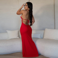 Deep V Neck Backless Tie Up Maxi Dress GZIY-6106