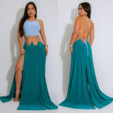 Contrast Color Patchwork Tie Up Maxi Dress GZIY-6188