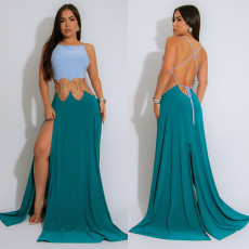 Contrast Color Patchwork Tie Up Maxi Dress GZIY-6188