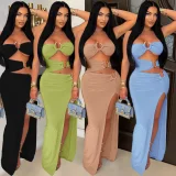 Hollow Out Patchwork High Split Maxi Dress GZIY-6200