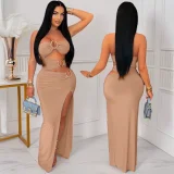 Hollow Out Patchwork High Split Maxi Dress GZIY-6200