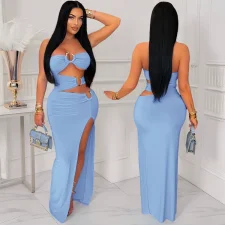 Hollow Out Patchwork High Split Maxi Dress GZIY-6200