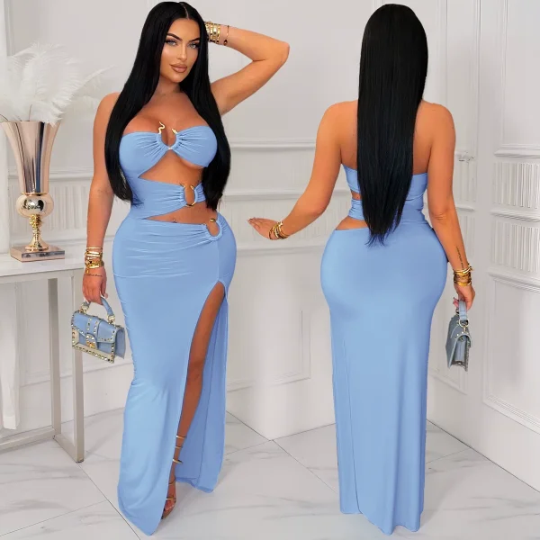 Hollow Out Patchwork High Split Maxi Dress GZIY-6200