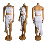 Solid Color Wrap Chest Tops Ruffles Skirt Suit GZIY-6230