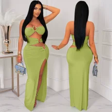 Hollow Out Patchwork High Split Maxi Dress GZIY-6200