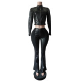 Long Sleeve Zipper Top PU Pants 2 Piece Set MEM-88666