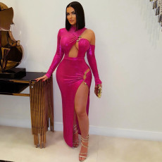 Irregular Hollow Out Solid High Split Maxi Dress GZIY-6161