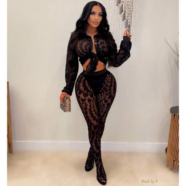 Print Mesh Cardigan Shirt Pants 2 Piece Set YNSF-8008