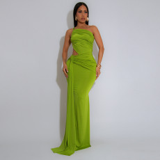 Solid Color Single Shoulder Pleated Maxi Dress GZIY-ZY6238