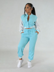 Color Block Long Sleeve Sport Two Piece Pants Set FENF-6007