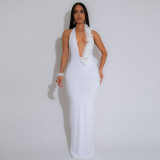 Halterneck Deep V Neck Backless Maxi Dress GZIY-6211