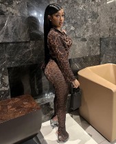 Mesh Leopard Print Long Sleeve Pants Suit MEM-88667