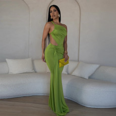 Solid Color Single Shoulder Pleated Maxi Dress GZIY-ZY6238