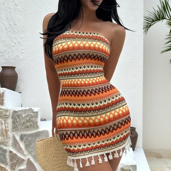 Knits Print Wrap Chest Tassel Mini Dress GZIY-6239