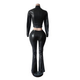 Long Sleeve Zipper Top PU Pants 2 Piece Set MEM-88666