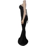 Slash Shoulder Mesh Backless Maxi Dress BY-7515