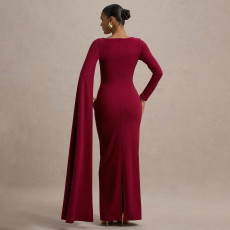 One-Shoulder Ribbon Long-Sleeve Maxi Dress YF-10897