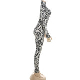 Leopard Print Long Sleeve Sport Jumpsuit  DLSF-K25Q80871