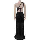 Slash Shoulder Mesh Backless Maxi Dress BY-7515