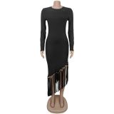 Solid Color Tassel Long Dress BY-7533
