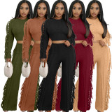 Solid Color Knits Tassel Two Piece Pants Set TK-6346