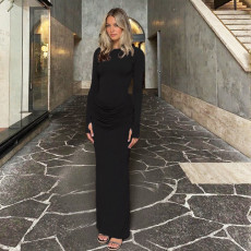 Solid Color Pleated Long Sleeve Maxi Dress GZJQ-K25D81552