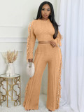 Solid Color Knits Tassel Two Piece Pants Set TK-6346