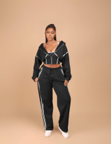 Patchwork Hooded Sweatshirt Three-Piece Pants Set YMEF-57095