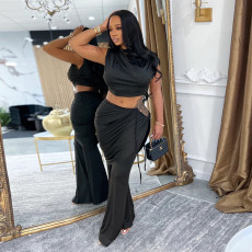 Sleeveless Solid Color Two Piece Patns Set BY-7528