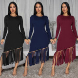 Solid Color Tassel Long Dress BY-7533