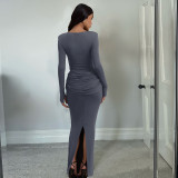Solid Color Pleated Long Sleeve Maxi Dress GZJQ-K25D81552
