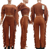 Solid Color Knits Tassel Two Piece Pants Set TK-6346