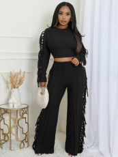 Solid Color Knits Tassel Two Piece Pants Set TK-6346