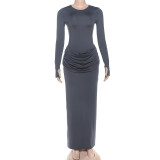 Solid Color Pleated Long Sleeve Maxi Dress GZJQ-K25D81552