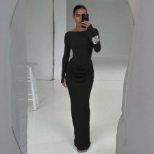 Solid Color Pleated Long Sleeve Maxi Dress GZJQ-K25D81552