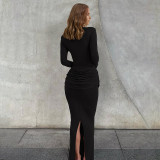Solid Color Pleated Long Sleeve Maxi Dress GZJQ-K25D81552