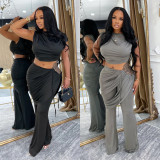 Sleeveless Solid Color Two Piece Patns Set BY-7528