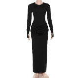 Solid Color Pleated Long Sleeve Maxi Dress GZJQ-K25D81552