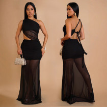 Slash Shoulder Mesh Backless Maxi Dress BY-7515