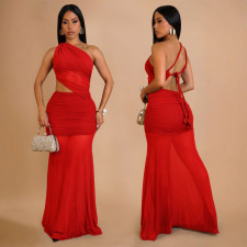 Slash Shoulder Mesh Backless Maxi Dress BY-7515