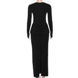 Solid Color Pleated Long Sleeve Maxi Dress GZJQ-K25D81552